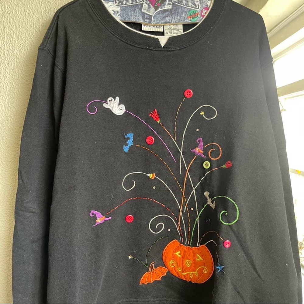 Vintage White Stag Black Sweatshirt with Embroidered Halloween Design